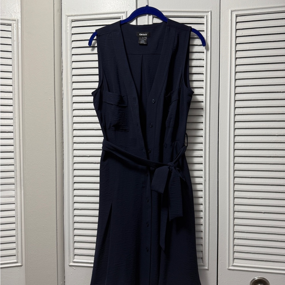DKNY Blue Sleeveless Wrap Midi Dress